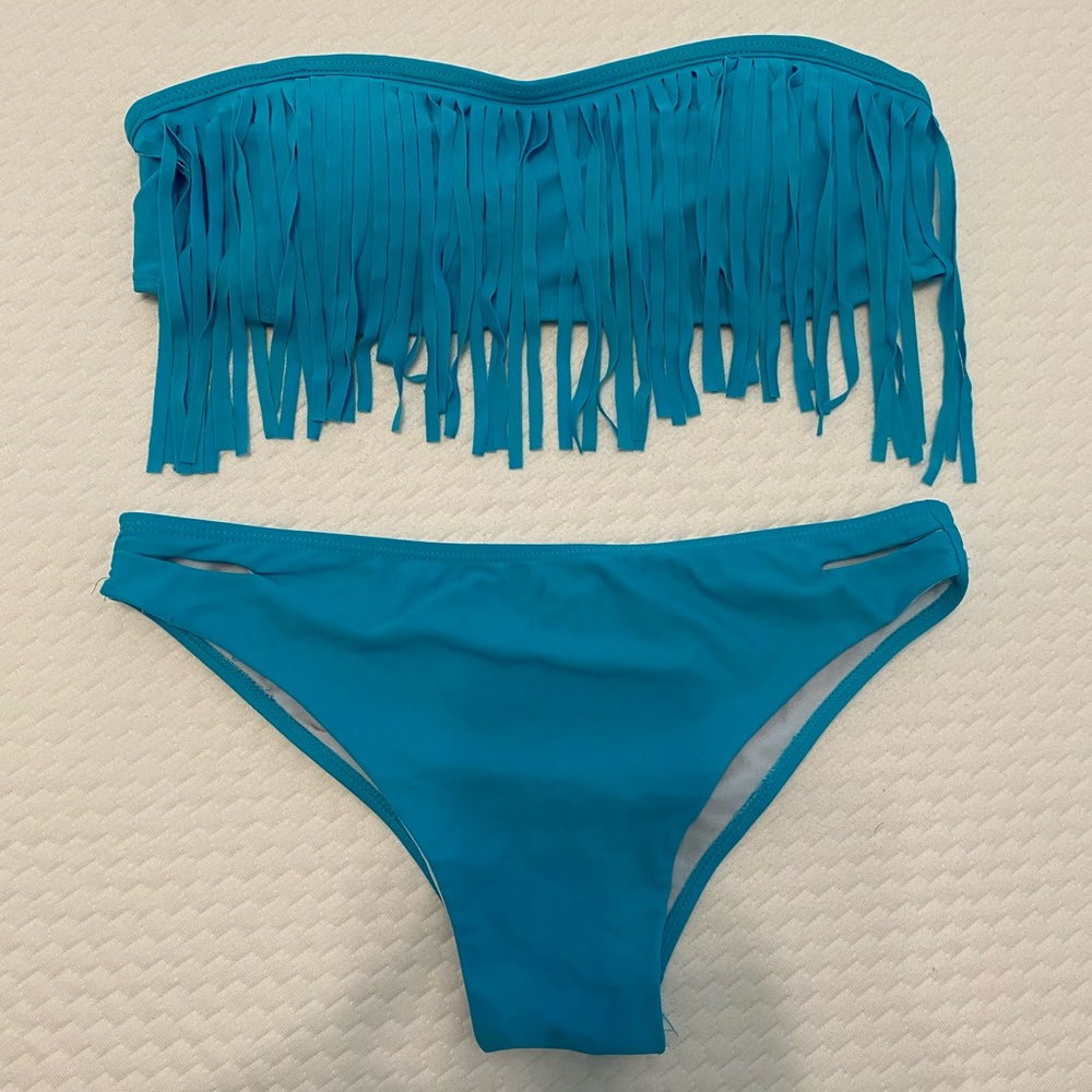 Blue Fringe Strapless Bikini Set. Size Medium.